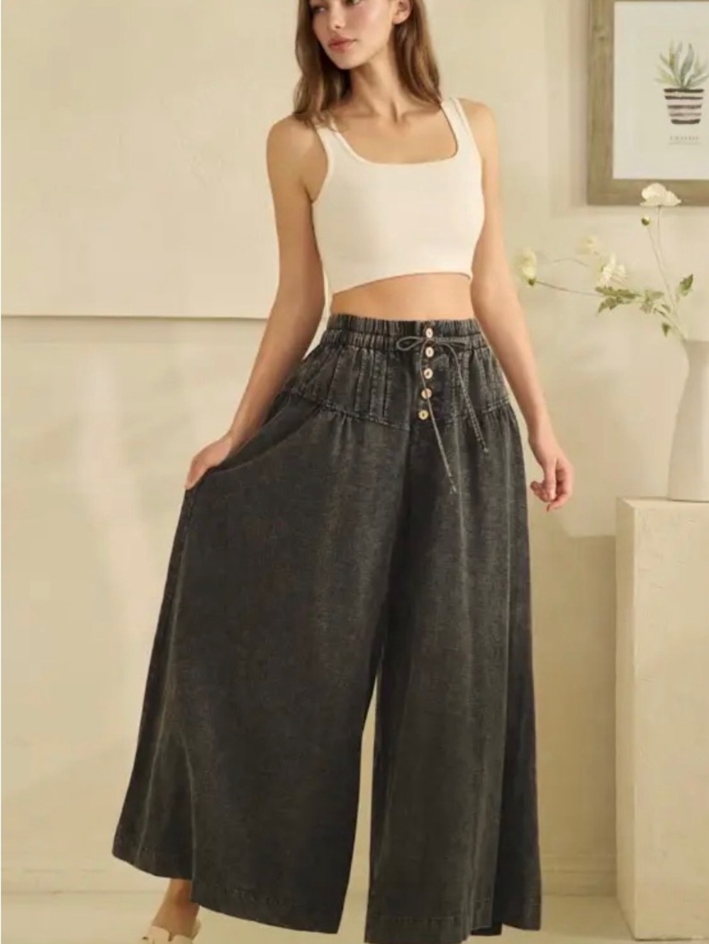Oli and Hali High-Waist Wide Leg Drawstring pin tuck Pants - Black Wash